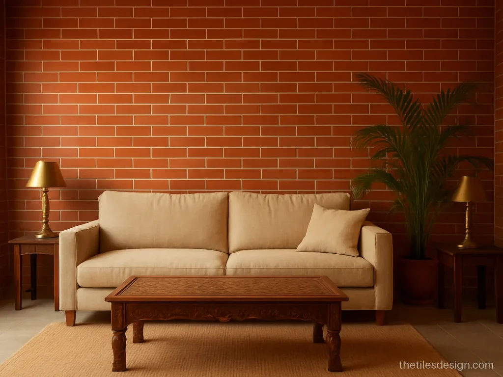 Terracotta wall cladding tiles behind a sofa in a living room