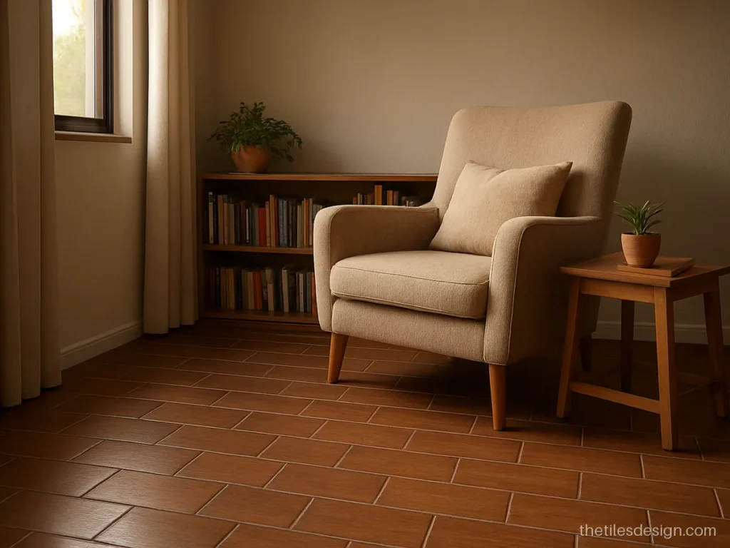 Wooden pattern tiles in a basketweave layout for a reading corner