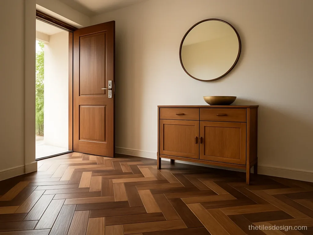 Chevron wood tiles in light and dark tones for an entrance foyer