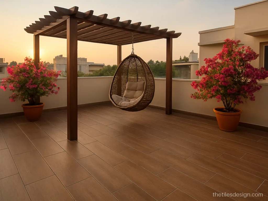 Wood style tiles in a deck look on a rooftop terrace sit-out