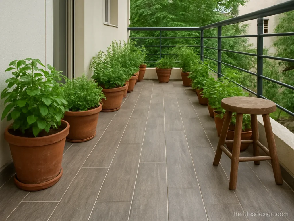 Grey wood tile on a balcony garden floor with planters