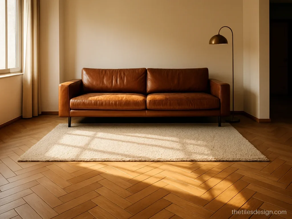 Herringbone wood tile pattern in oak colour across a living hall floor