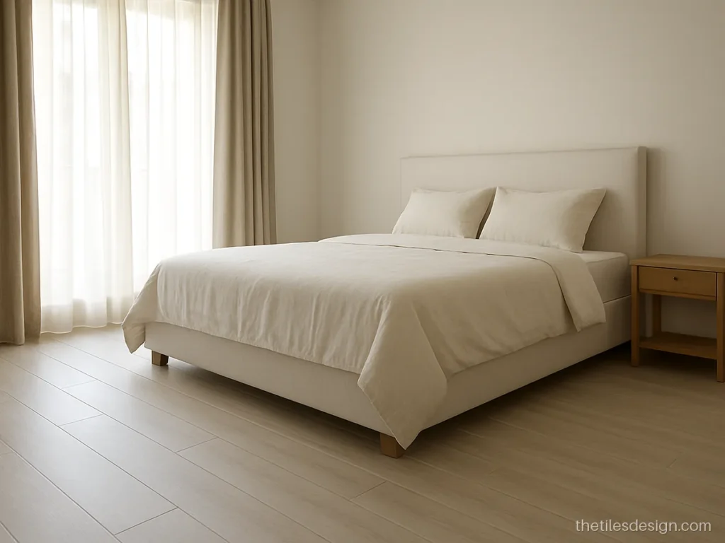 Wooden floor tiles design in light ash colour for a master bedroom