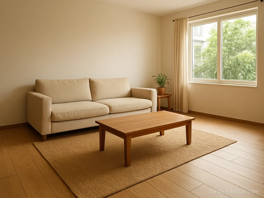 Wood plank tile floor in natural oak colour across a living room