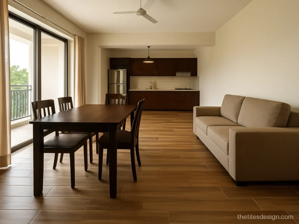 Wood color tiles in a mix of light and medium brown planks