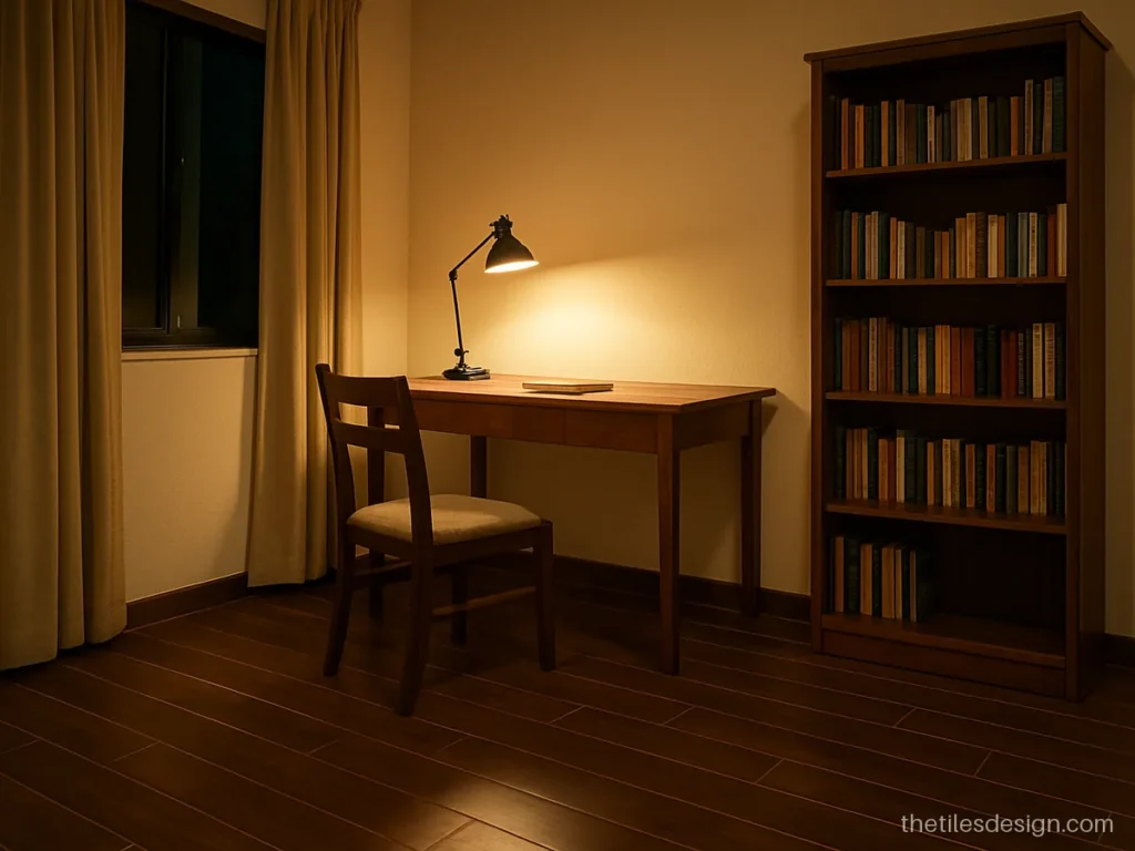 Walnut wooden floor tiles in long planks for a home study room