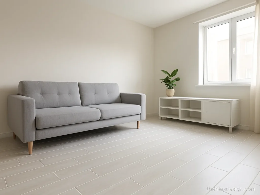 White wood tile in a white wash look for a small flat living room