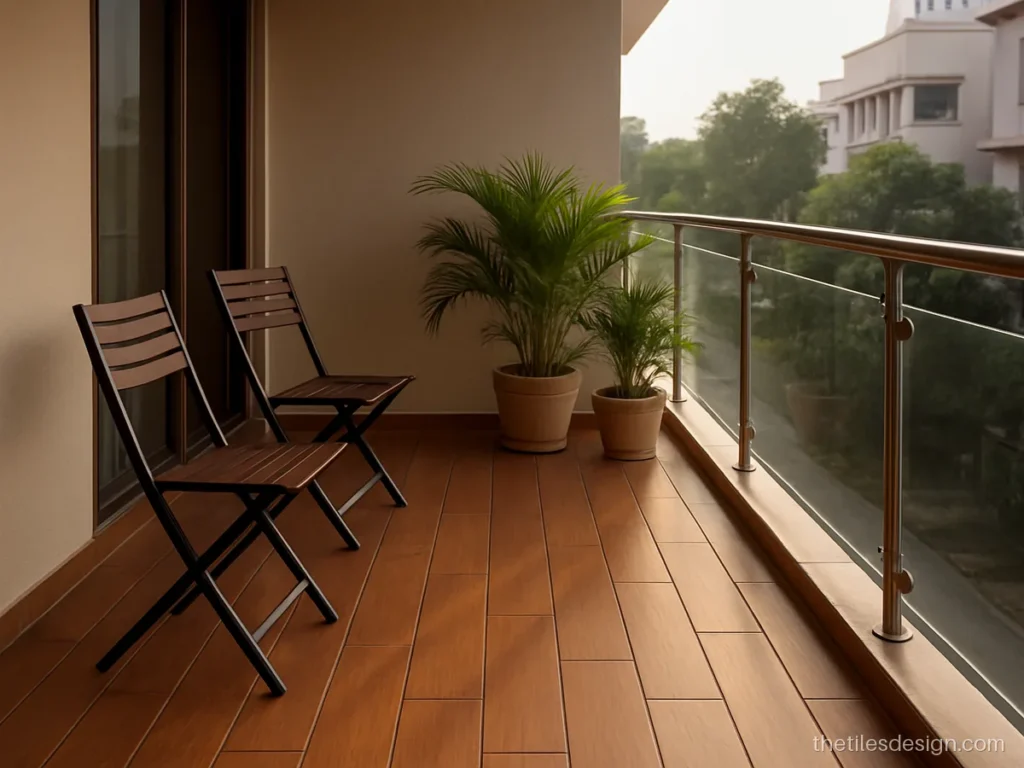 Wood finish floor tiles with anti-skid texture on a city balcony