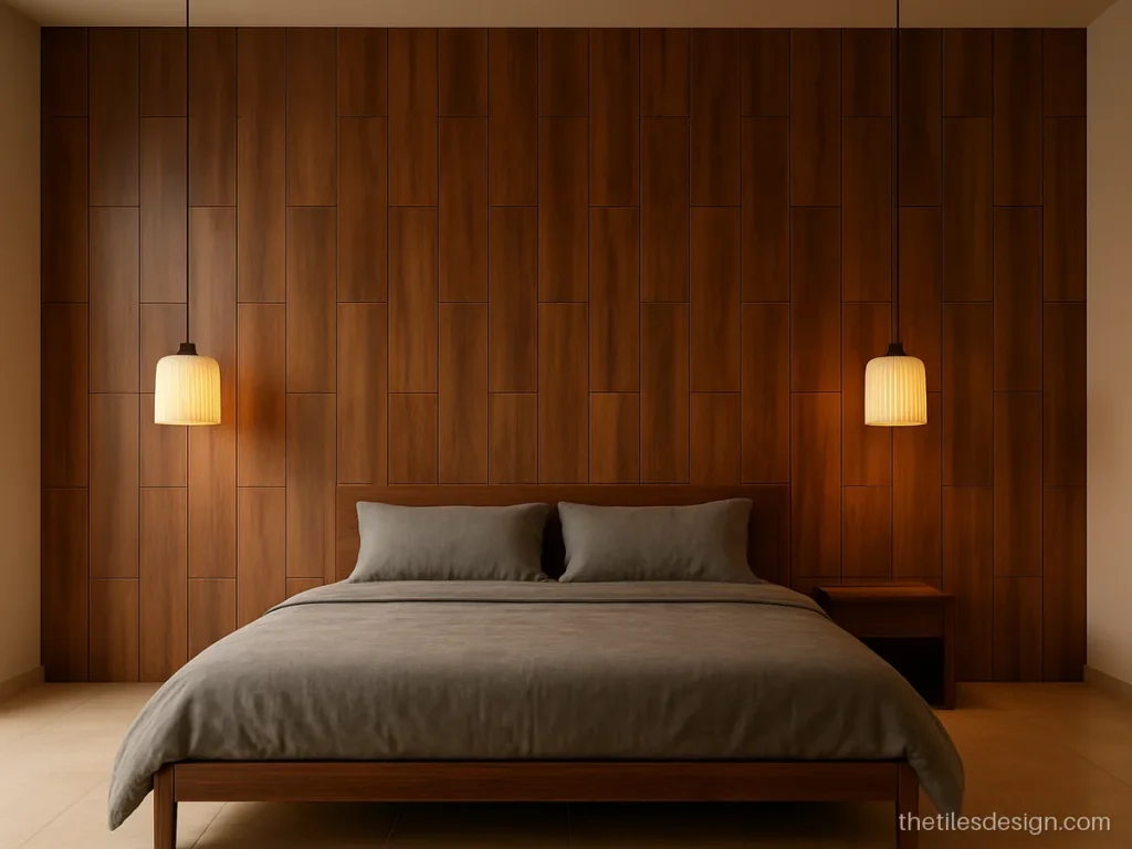 Wood wall tiles design behind a bed with vertical walnut planks