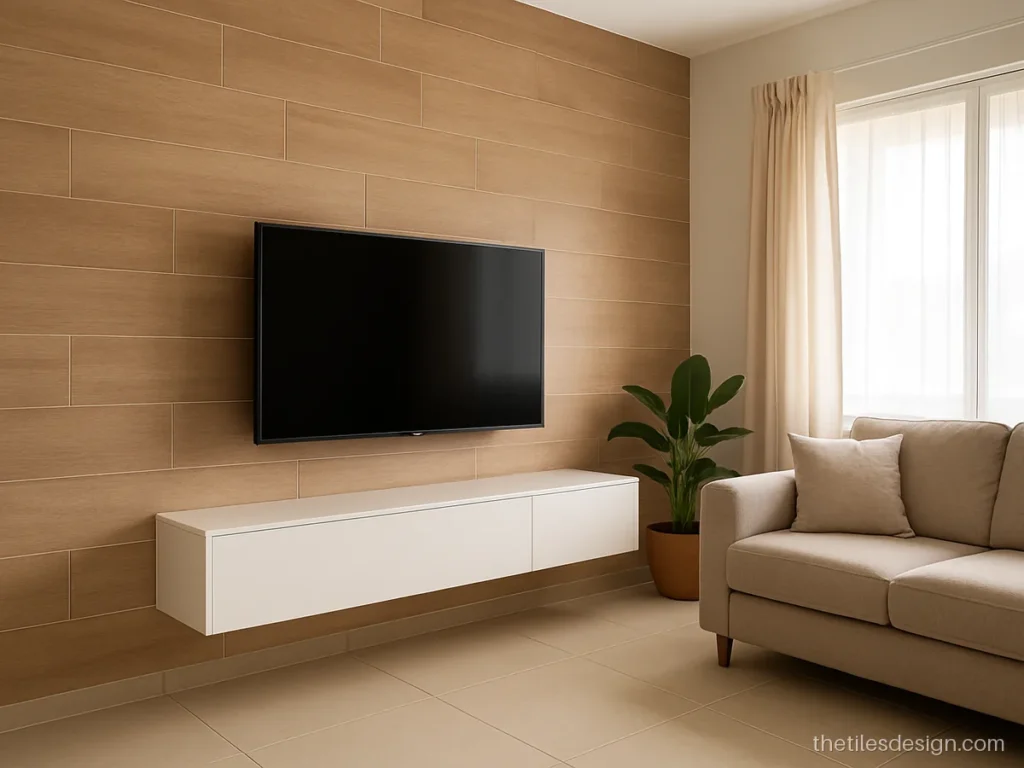 Wooden tiles design for wall behind a living room TV unit