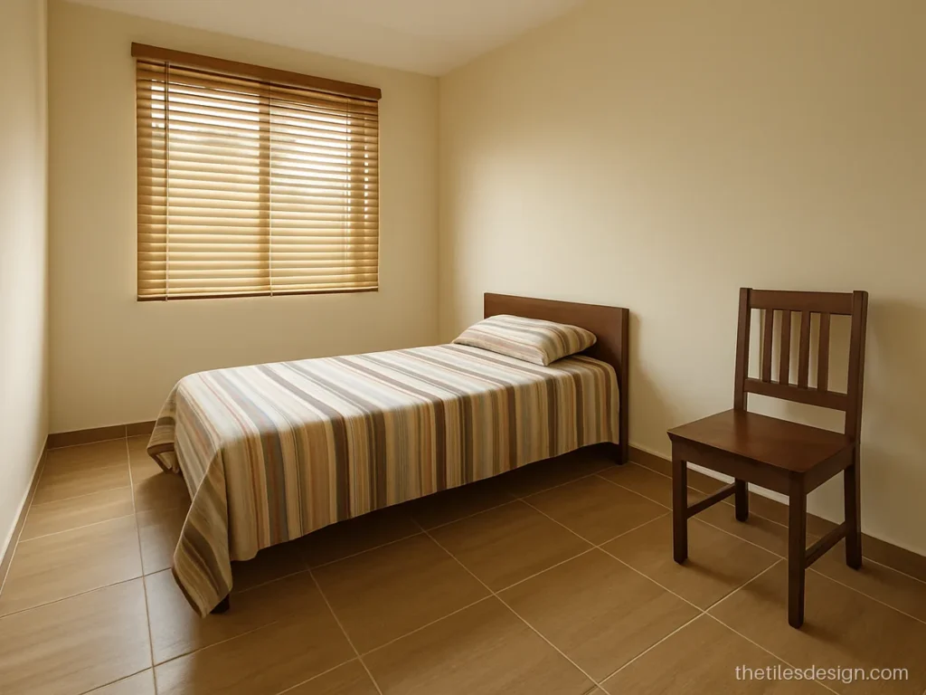 Wooden vitrified tiles in 600 x 600 mm square size for a guest bedroom
