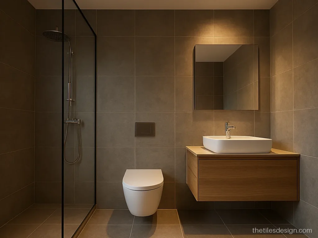 2 by 4 wall tiles design in a bathroom with large grey stone tiles