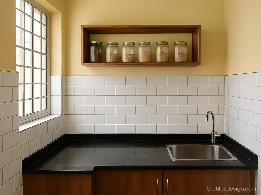 Half wall tiles design in a kitchen with white subway and painted upper wall