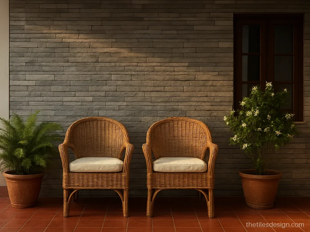 Sitout wall tiles design with grey ledgestone cladding and planters
