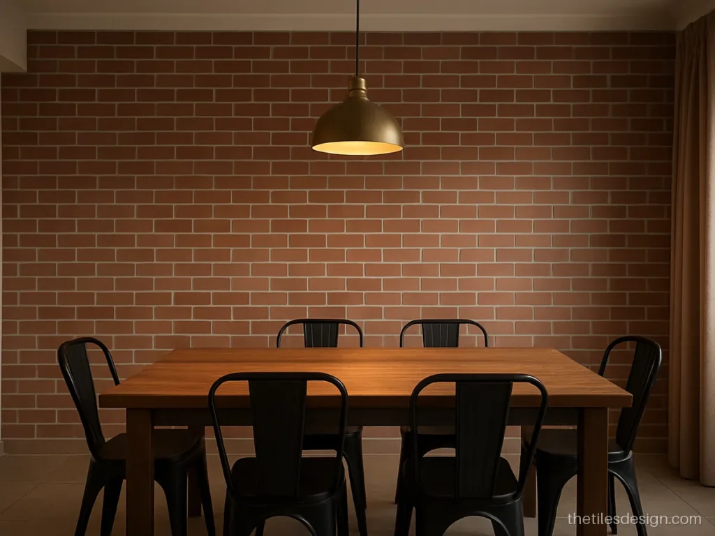 Brick design wall tiles in red on a dining room wall