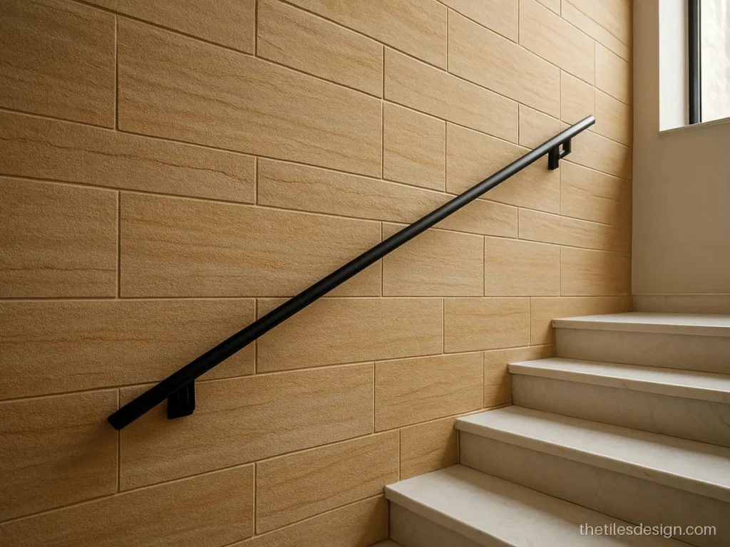 Close-up of sandstone wall cladding texture along a staircase wall