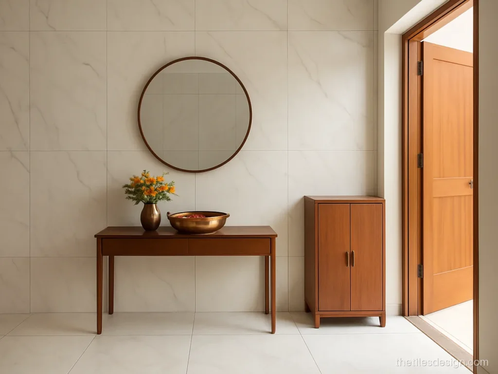 Entrance wall tiles design with white marble look and a console