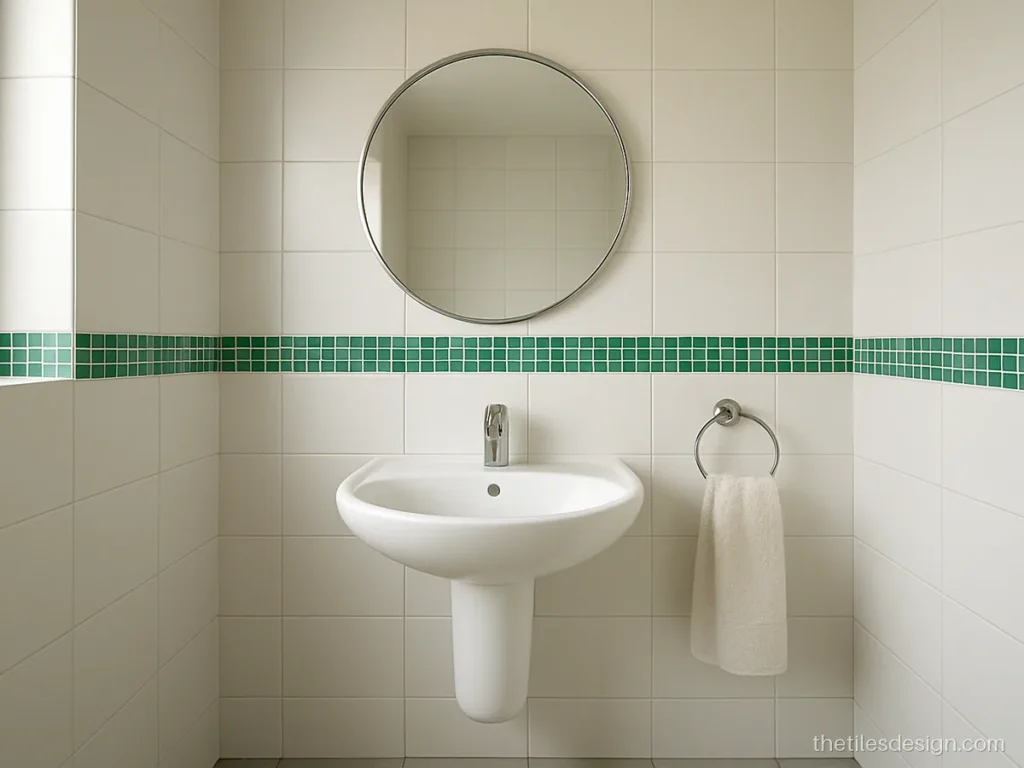 Glass wall tiles in a green strip across a white bathroom wall