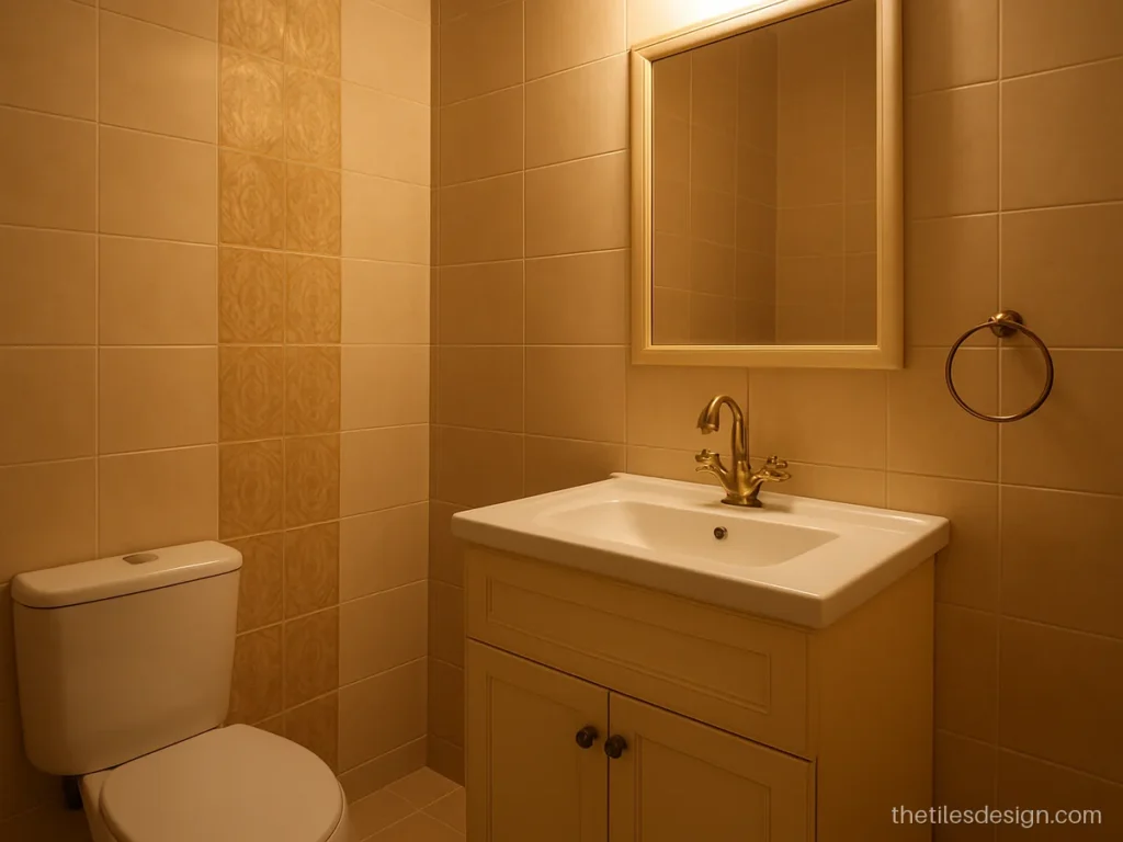 Highlighter tiles in a vertical gold pattern strip beside a bathroom basin