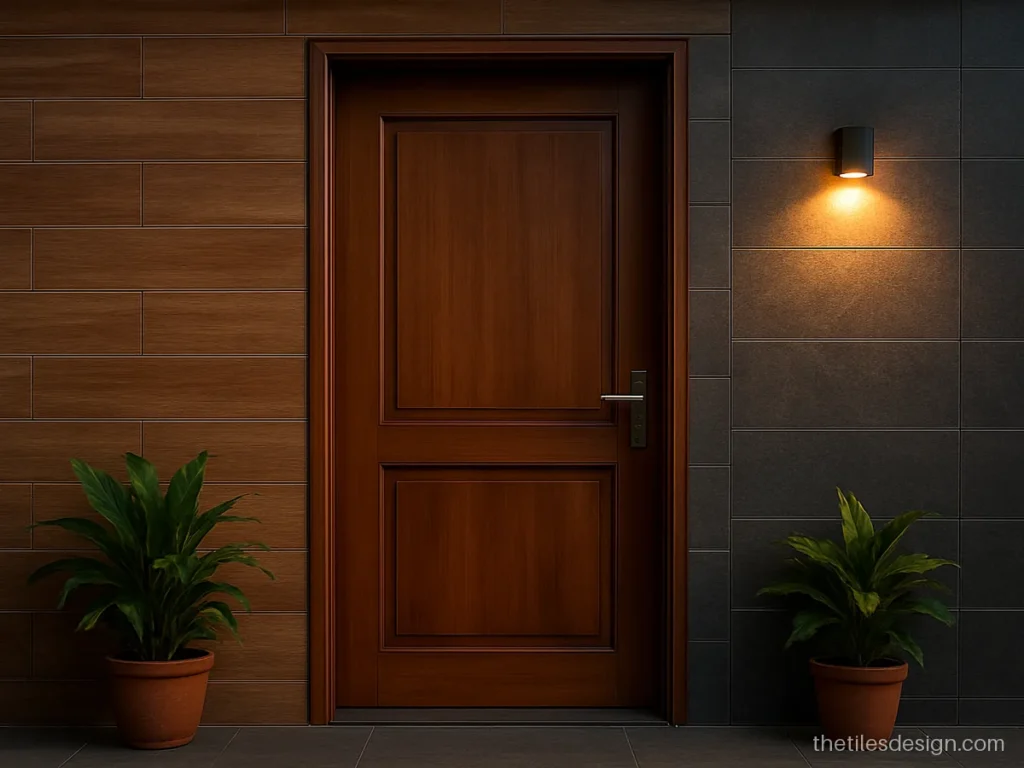 Main door wall tiles design with wood look strips and grey stone