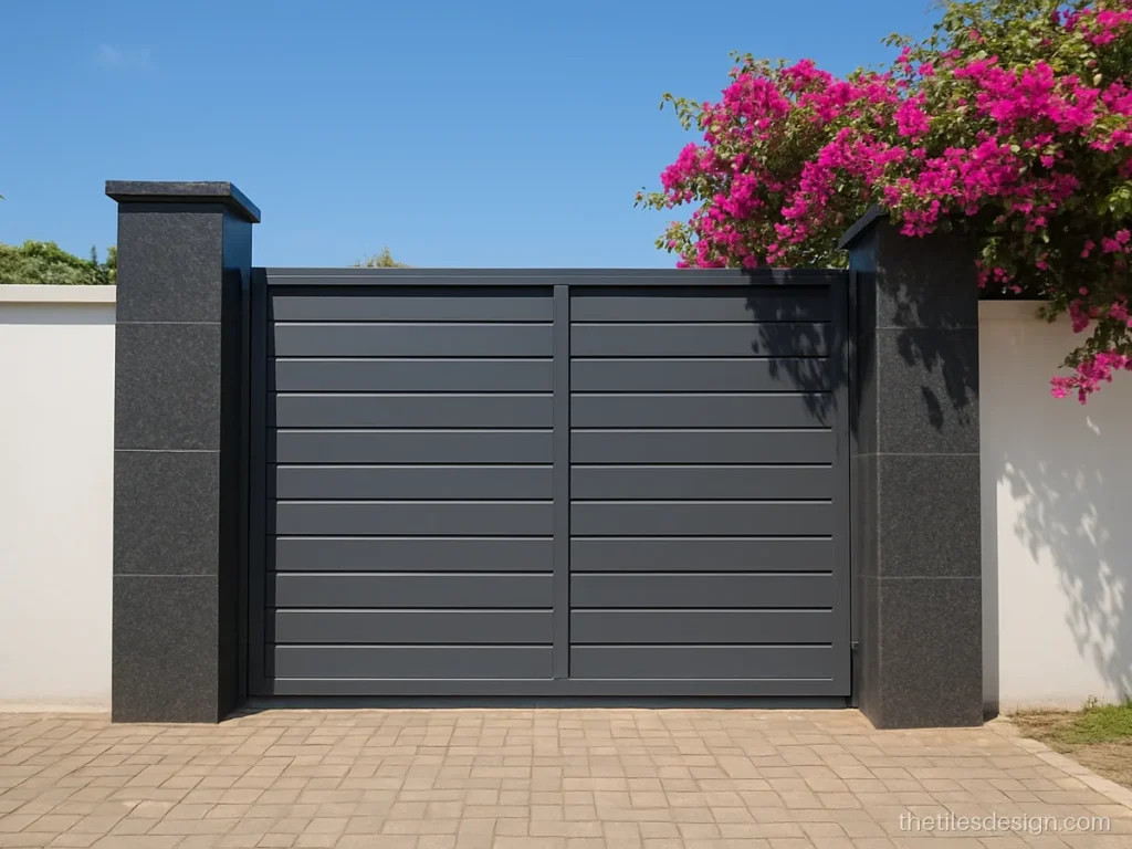 Main gate wall tiles design with black granite pillars and white wall