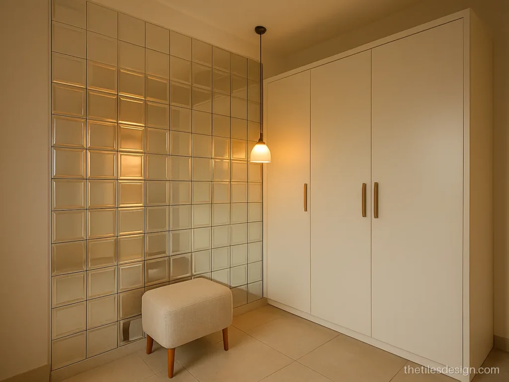 Mirror wall tiles with bevelled edges in a dressing area