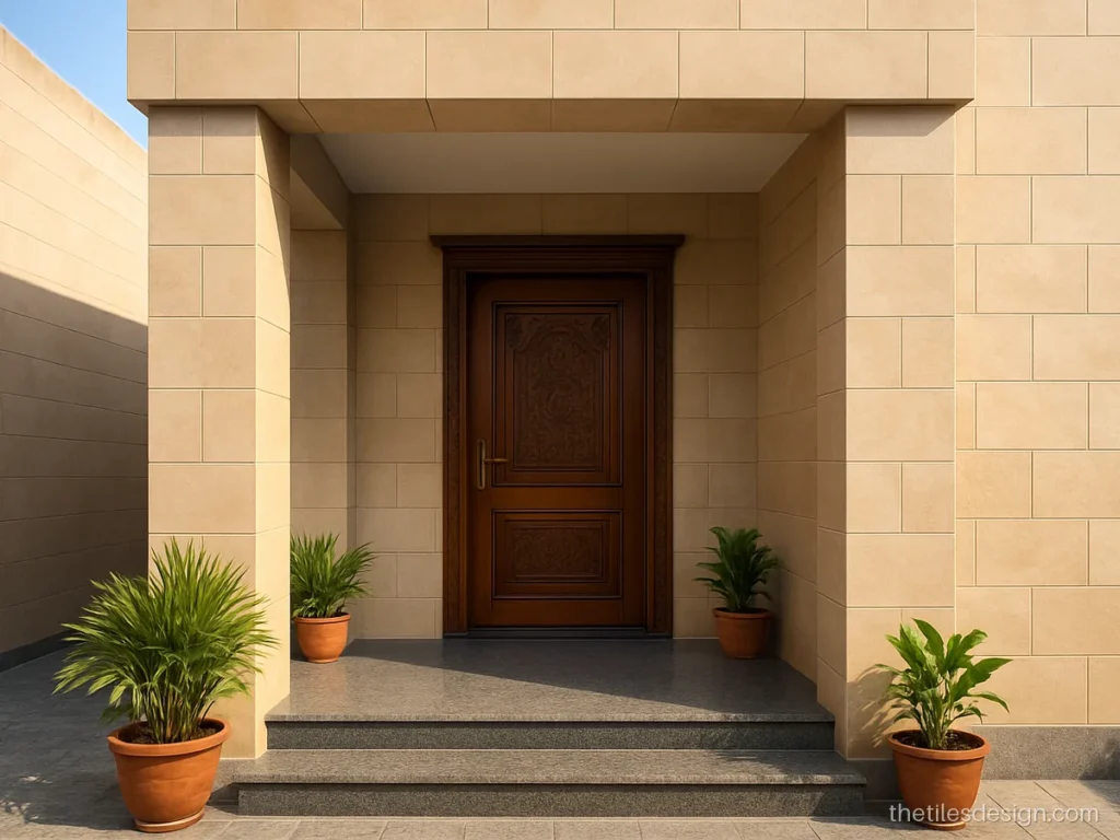 Portico wall tiles design in beige stone look with pillars