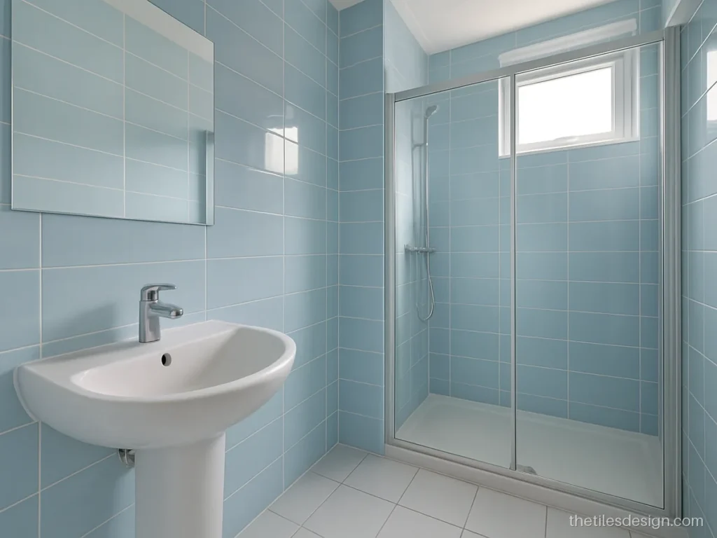 Room wall tiles design for a bathroom in pale blue ceramic tiles