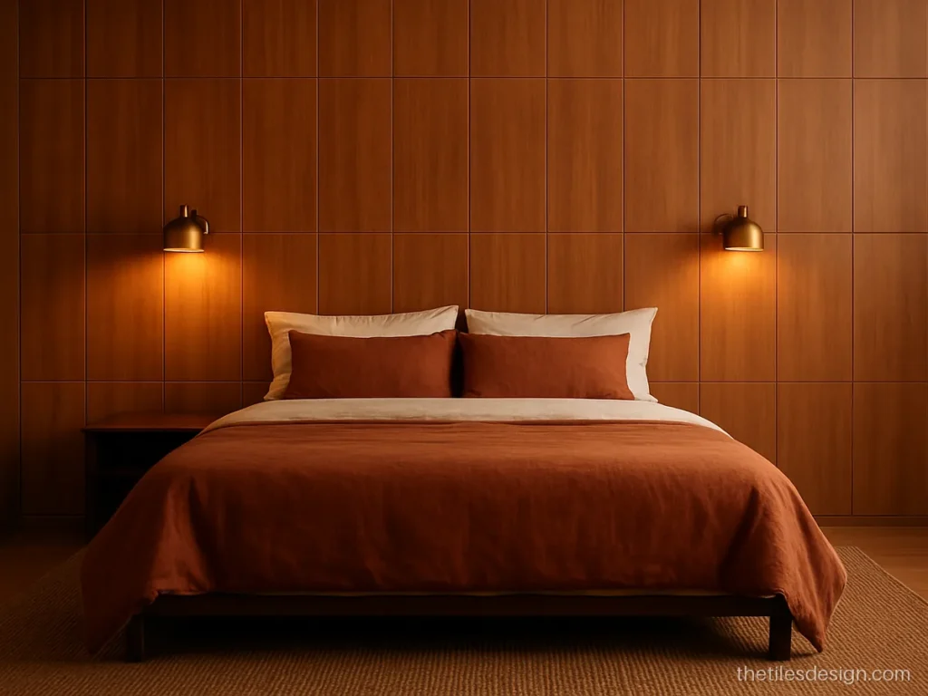 Bedroom wall tiles behind the bed in wood look vertical strips