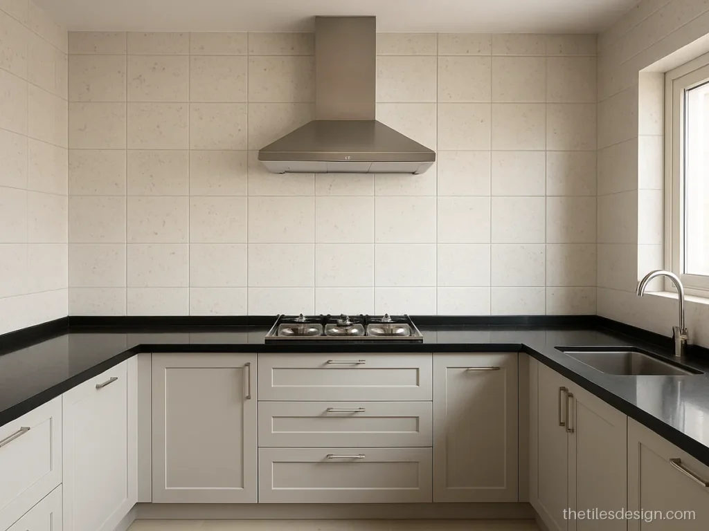 Kitchen wall tiles in a light terrazzo pattern behind the cooking counter
