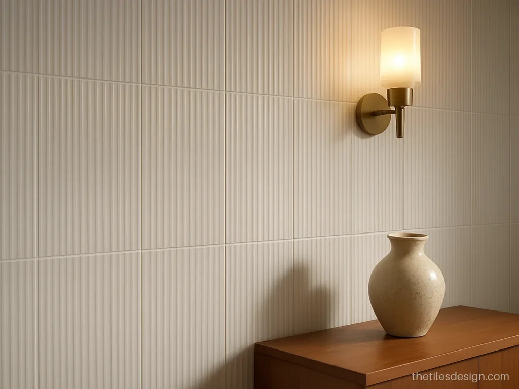 Close-up of white fluted wall tiles texture with vertical ribs