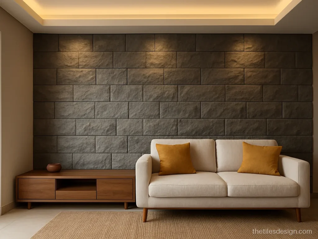 Rock tile wall with rough grey stone texture in a living room